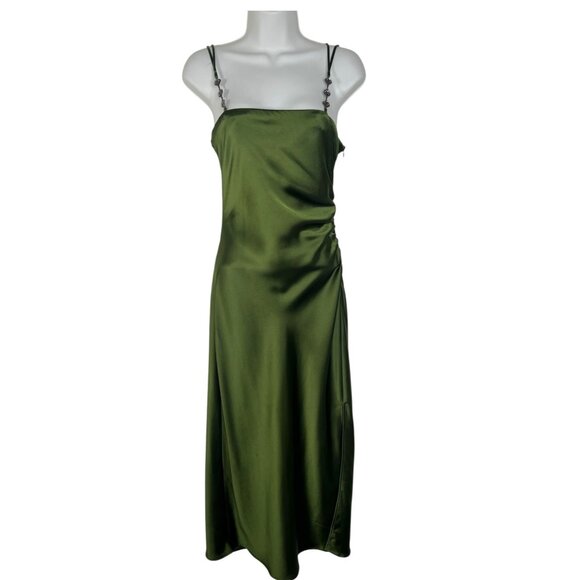 Zara Midi Satin Slip Dress Jewel Straps Ruched Party Fall Moss Green XS - Picture 3 of 14